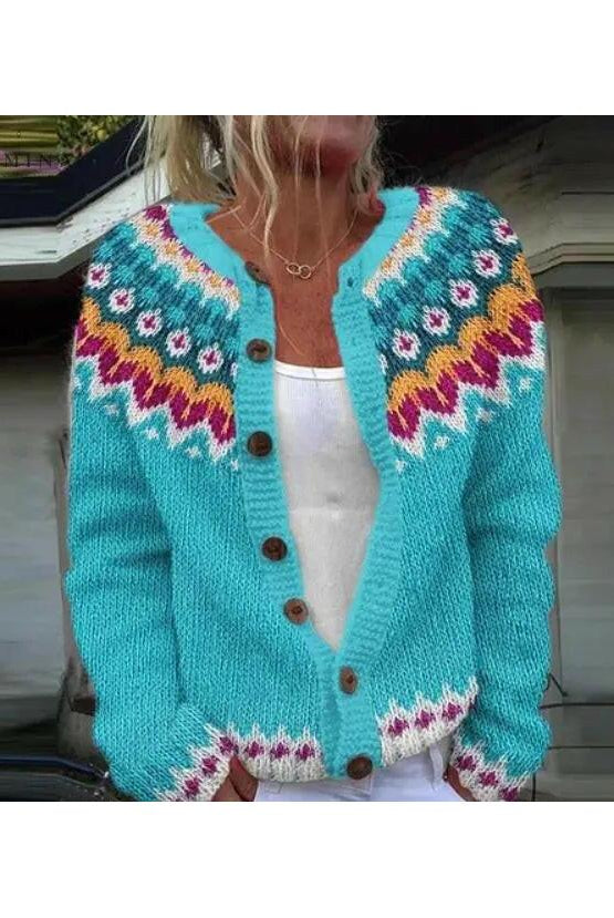 Blue Liorra cardigan by Lumina Wear, shown in size S, featuring a cozy knit texture and a relaxed fit.