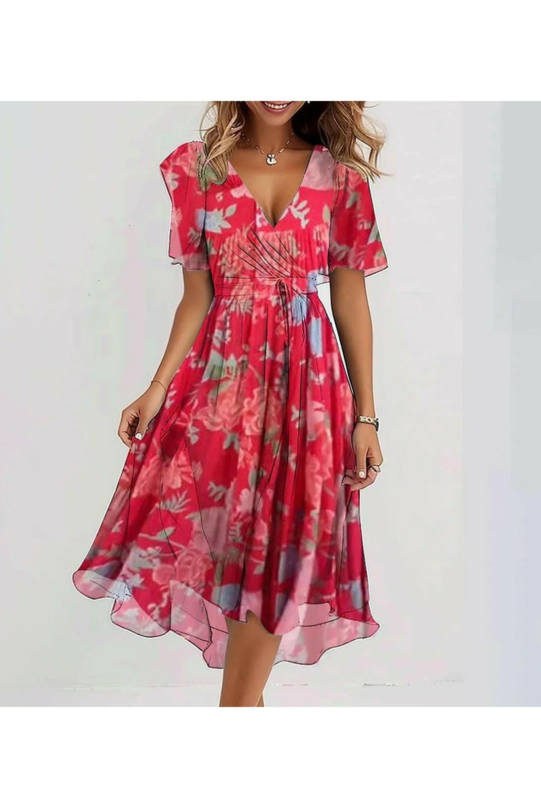 Vibrant abstract midi dress by Lumina Wear featuring multicolored patterns, displayed on a hanger against a plain background.