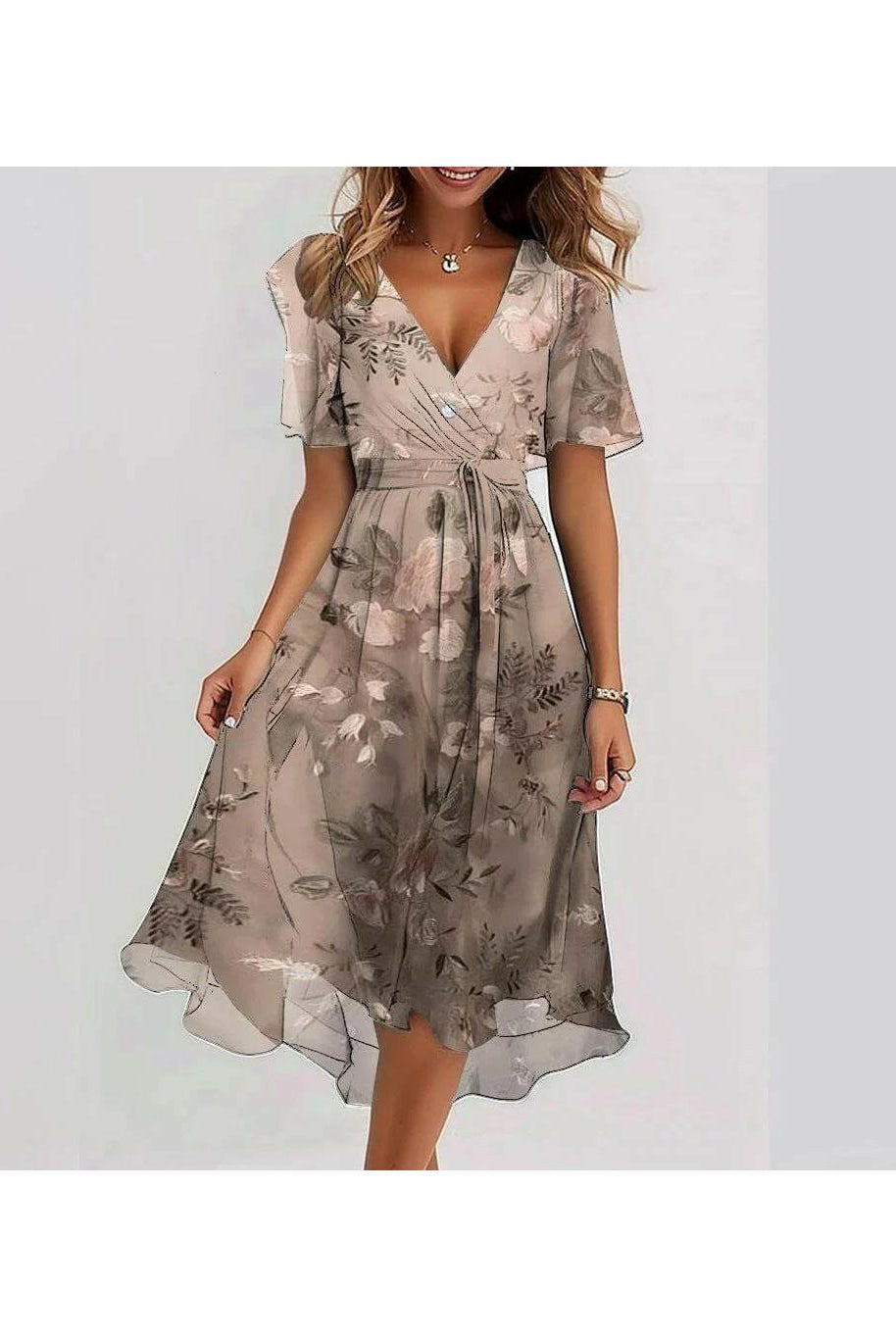 Lumina Wear Liza vibrant abstract midi dress in multicolored fabric, shown on a model, perfect for stylish summer occasions.