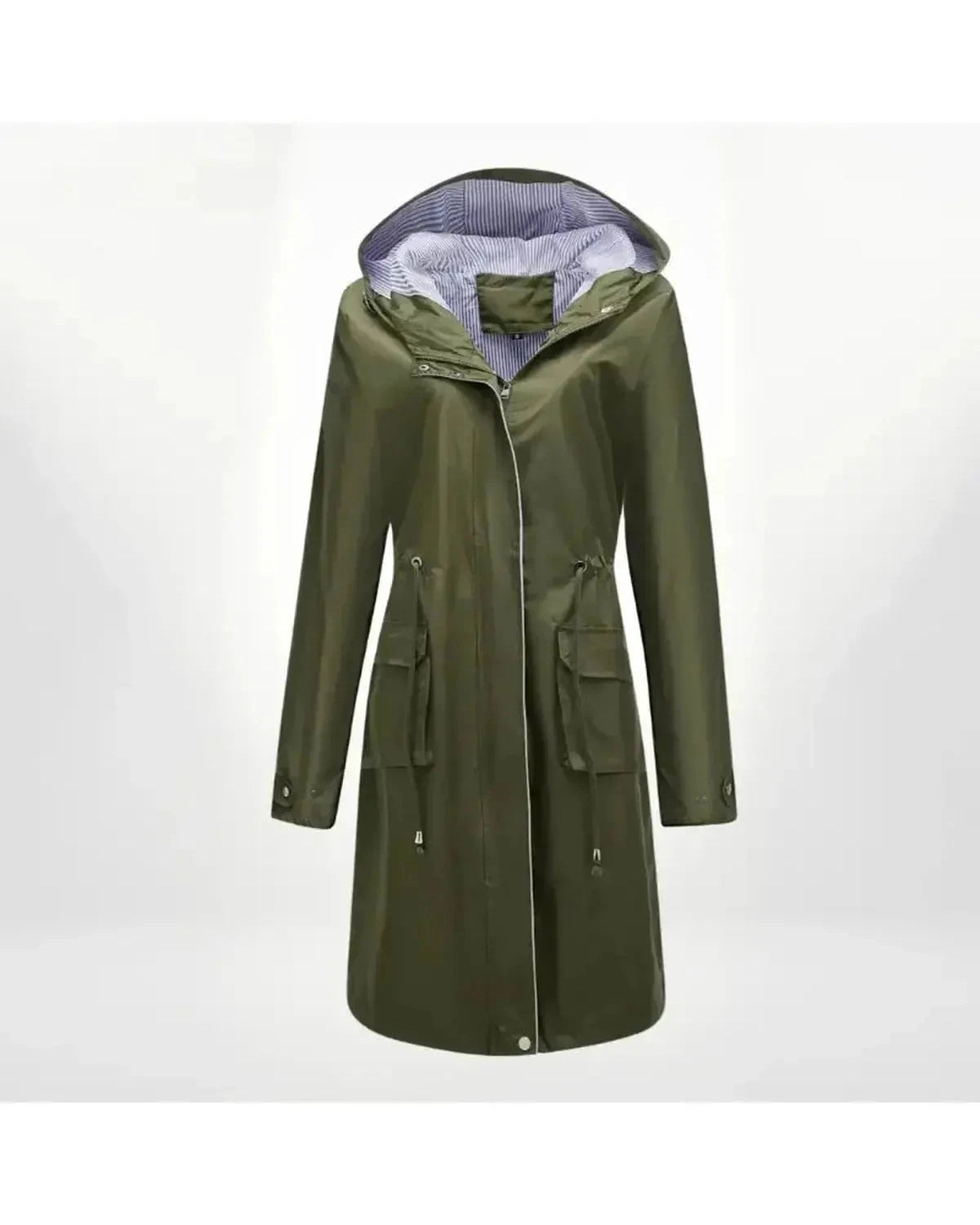 Blue Lizaya elegant trenchcoat with drawstrings, stylish coat by Lumina Wear, displayed on a hanger against a neutral background.