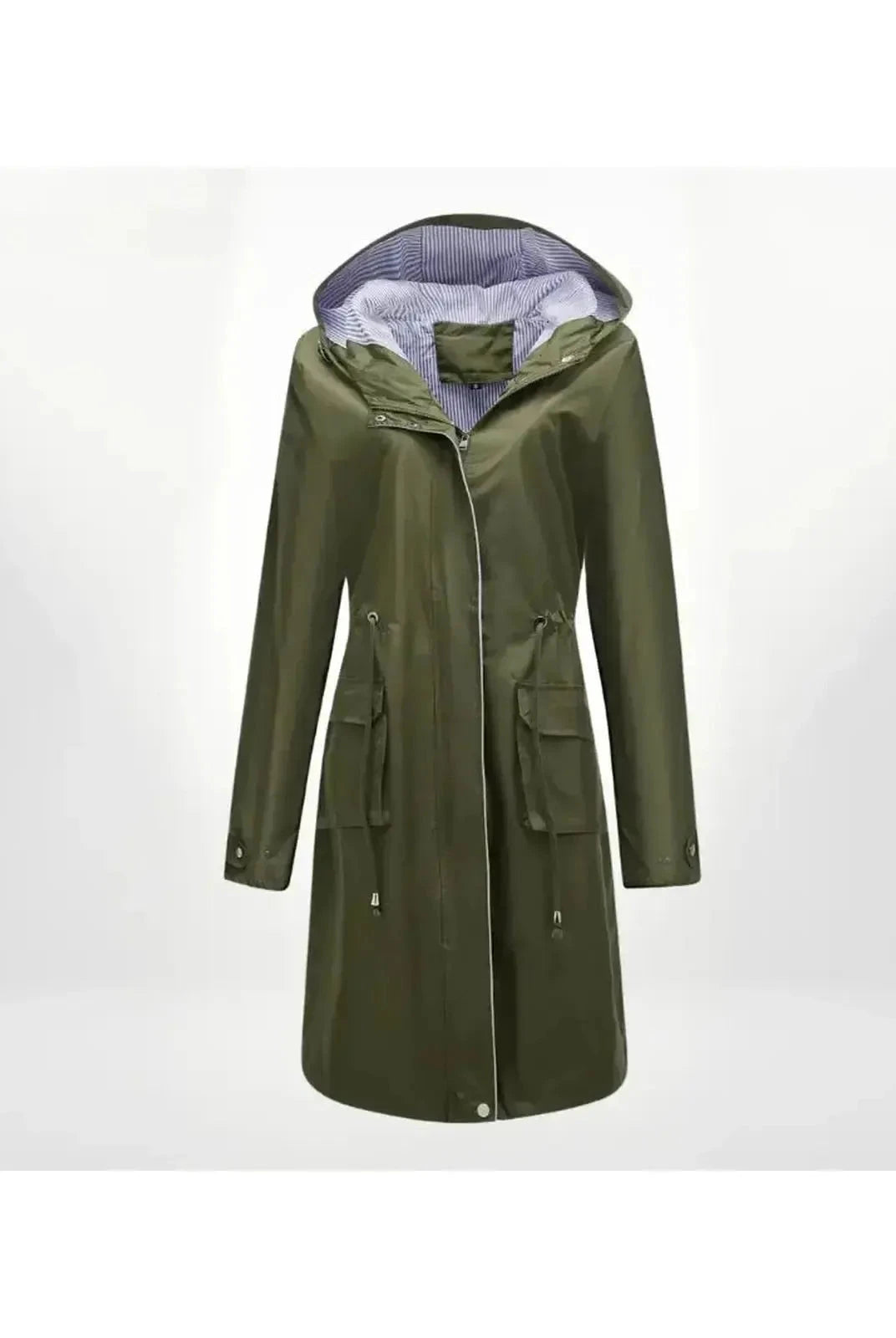 Blue Lizaya elegant trenchcoat with drawstrings from Lumina Vancouver's CA-Collectie-15 collection, shown on a model.