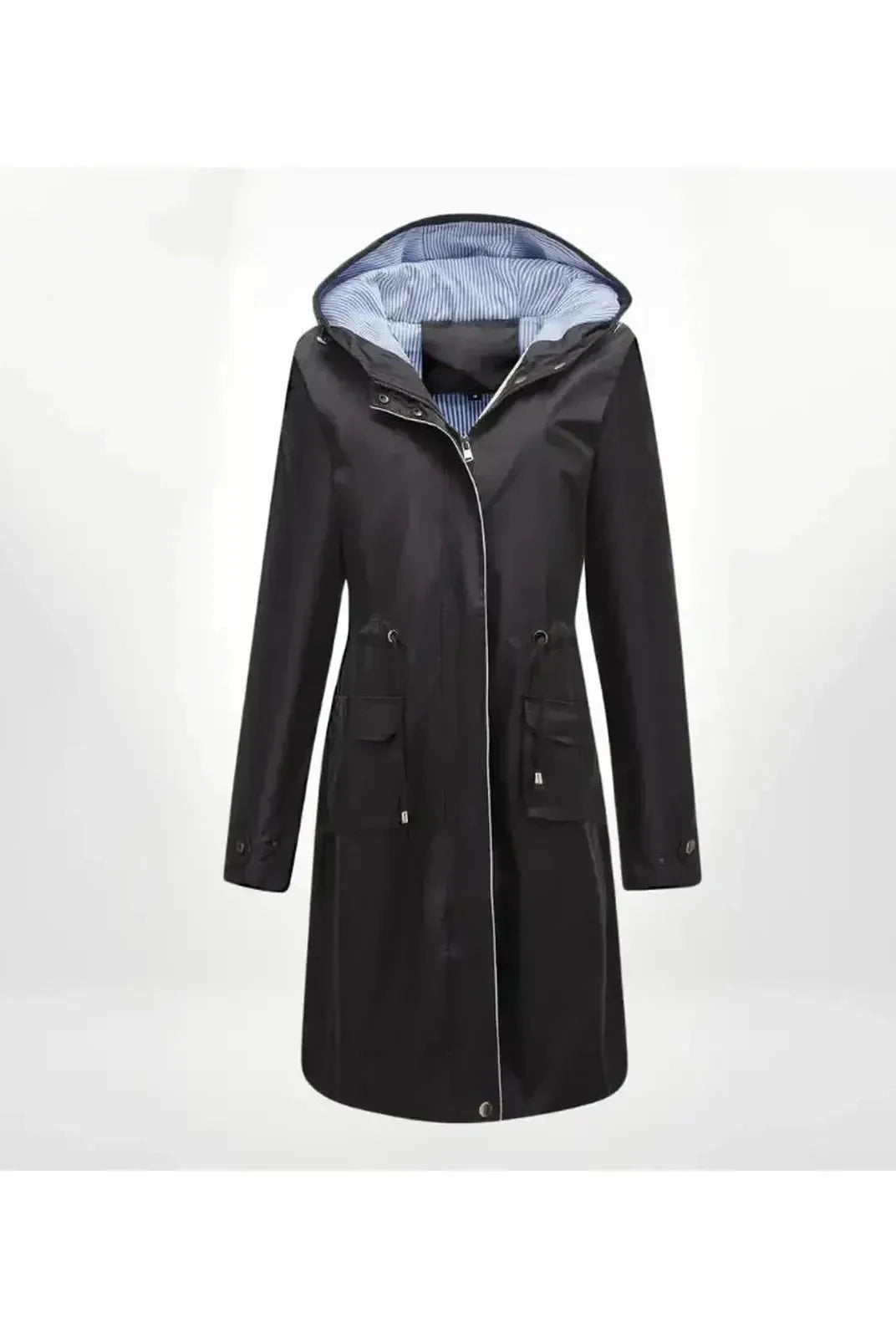 Blue Lizaya Elegant Trenchcoat with drawstrings by Lumina Vancouver, showcasing a stylish, tailored design with a belted waist.