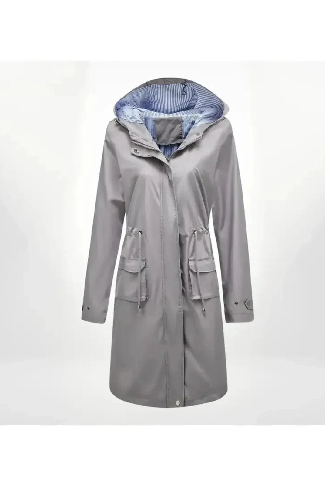 Blue Lizaya elegant trenchcoat with drawstrings, stylish and lightweight, by Lumina Vancouver from the CA-COLLECTIE-15 collection.