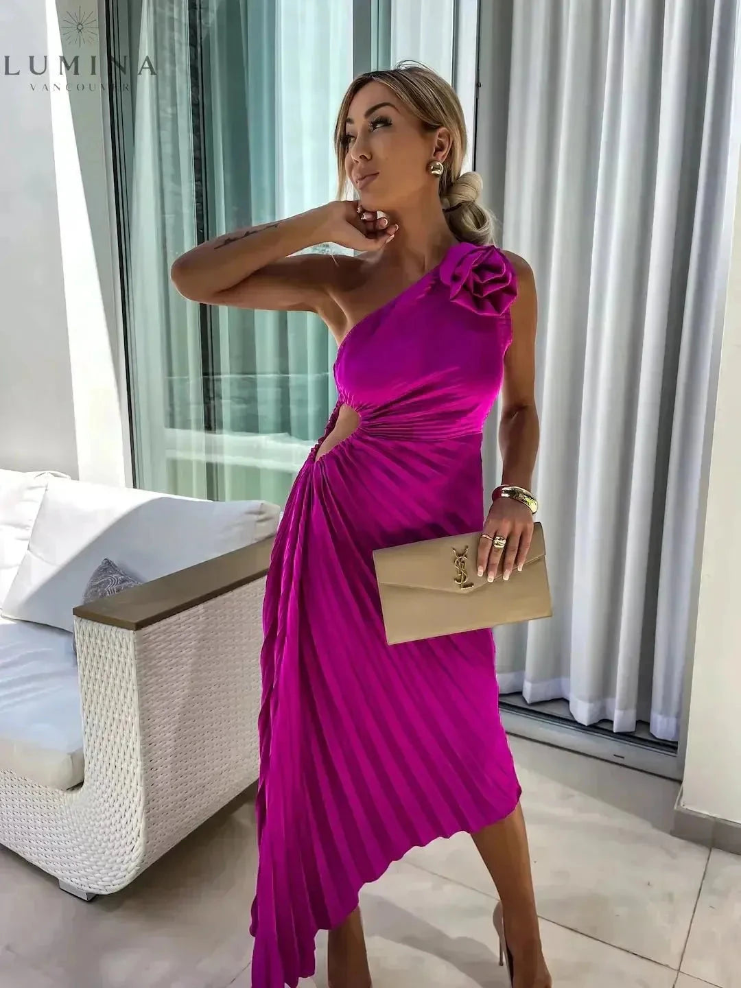 Red Lizbeth Romantic Flower Dress by Lumina Vancouver, perfect for wedding guests, featuring floral details and a stylish fit.