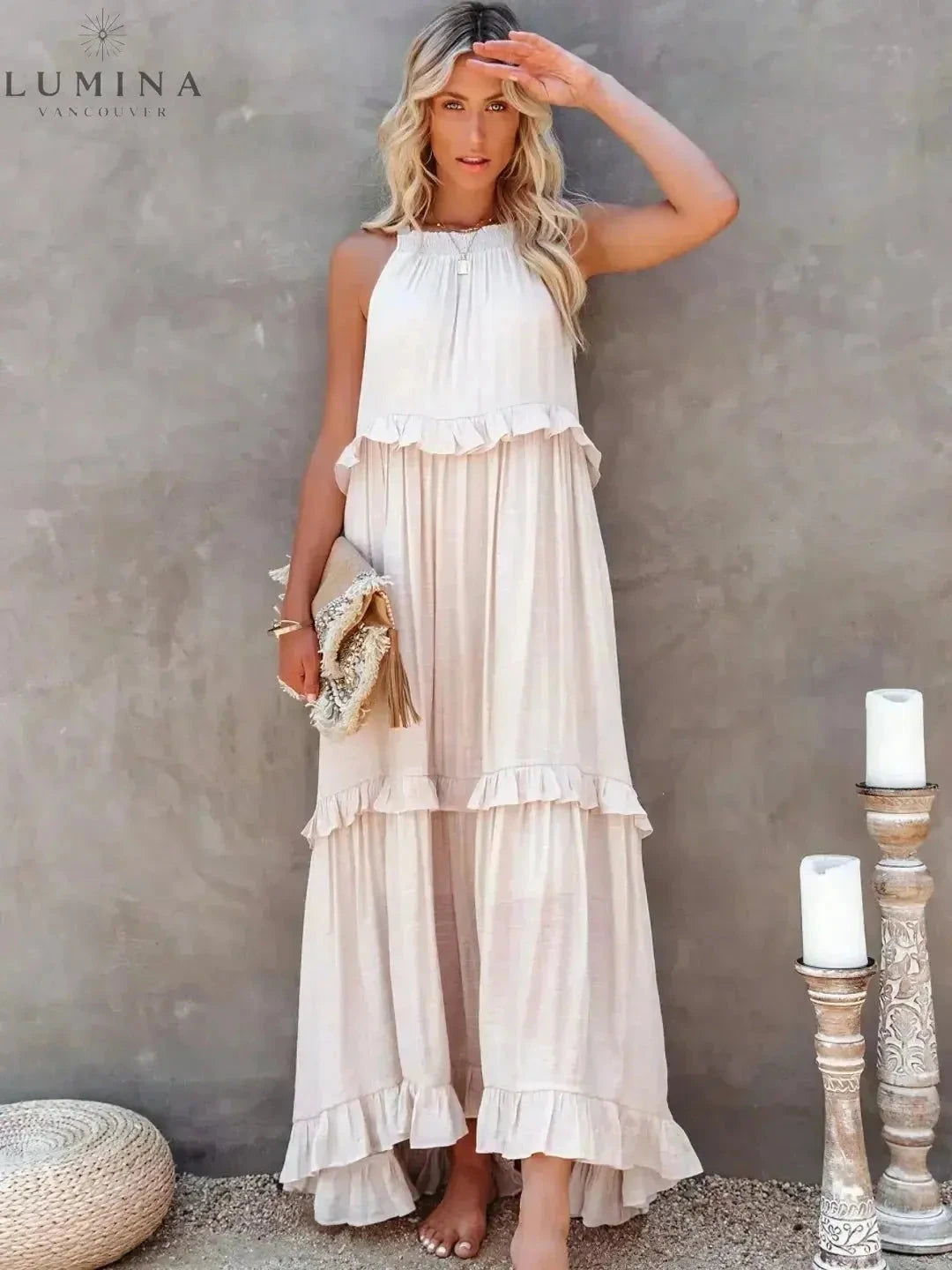 Lorena halterneck dress with ruffles and pockets in apricot, perfect for holiday vibes, by Lumina Wear.