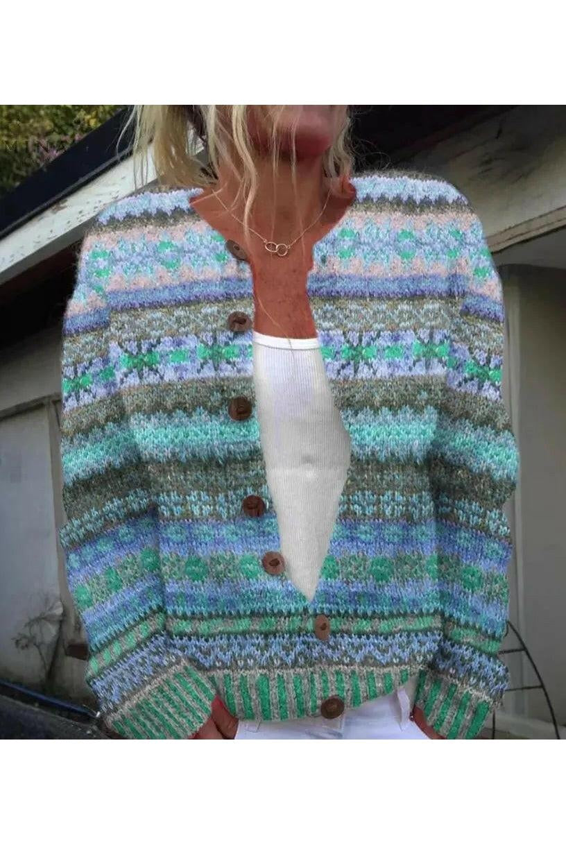 Blue Lotte cardigan with printed design from Lumina Vancouver, featuring a soft knit fabric and casual fit.