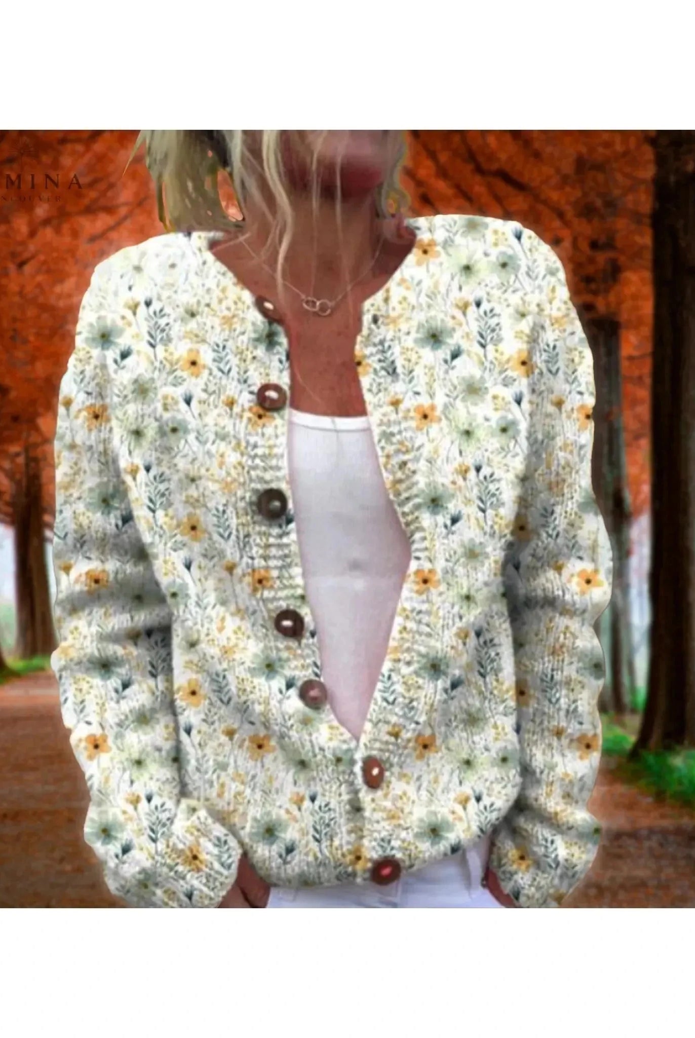 Lowri flower print cardigan by Lumina Vancouver, featuring a colorful floral pattern and a cozy knit design.