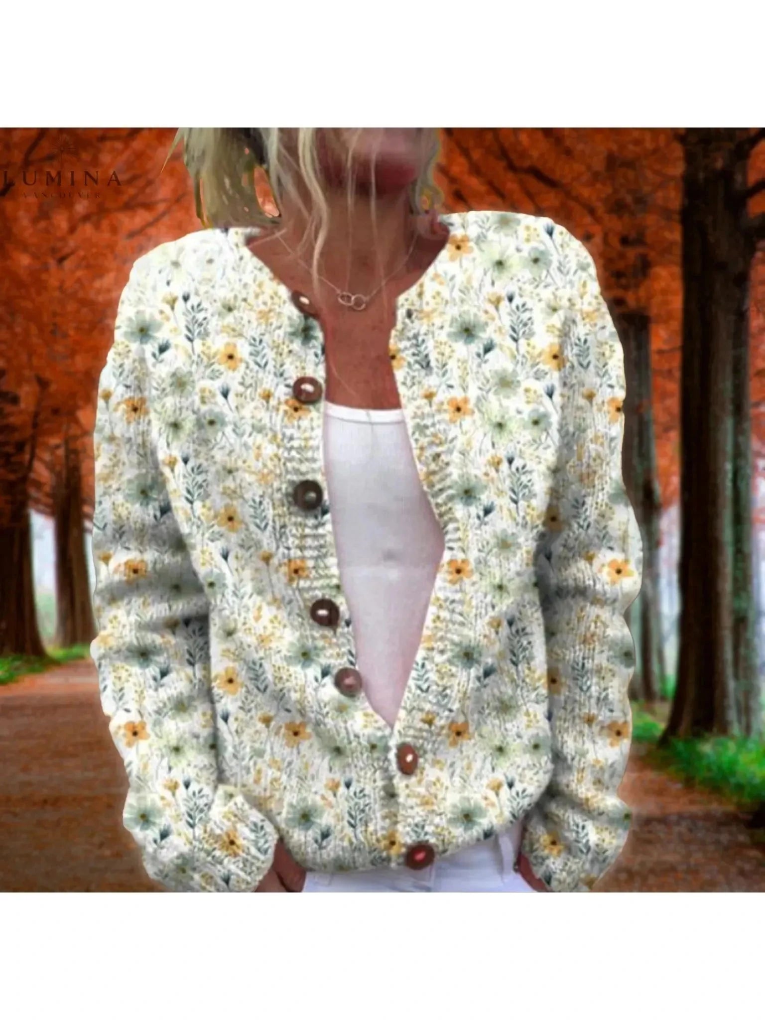Lowri flower print cardigan by Lumina Vancouver, featuring a colorful floral pattern and a cozy knit design.
