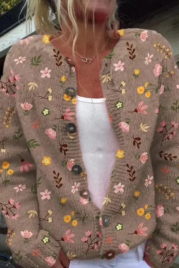 Lowri flower print cardigan by Lumina Vancouver, featuring a colorful floral pattern and a relaxed fit.