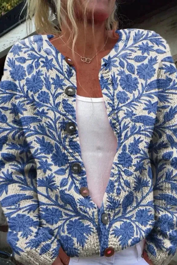 Lowri flower print cardigan by Lumina Vancouver featuring a lightweight, colorful floral design in size S.