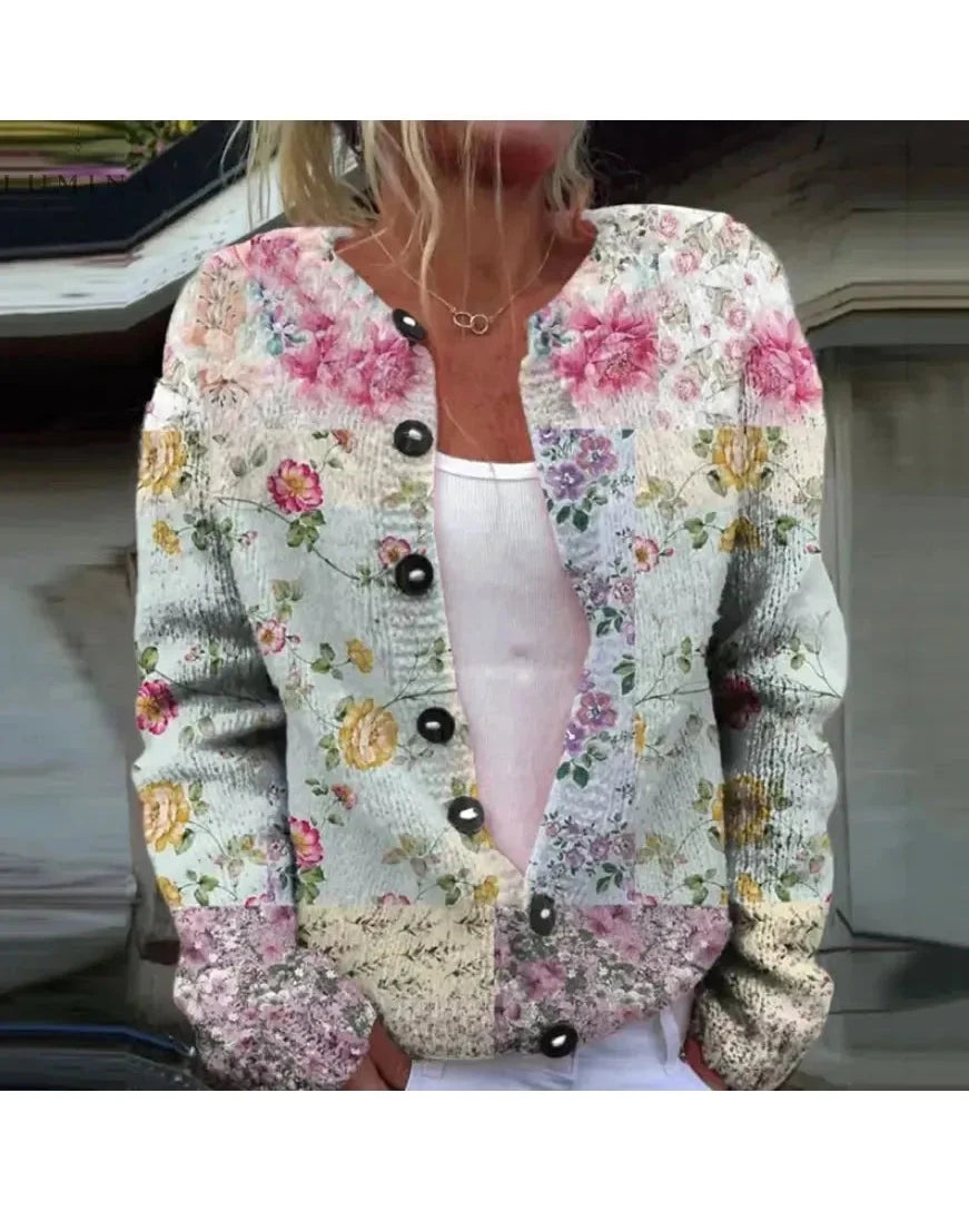 Lowri flower print cardigan by Lumina Wear, featuring vibrant floral patterns and a cozy, lightweight knit design.
