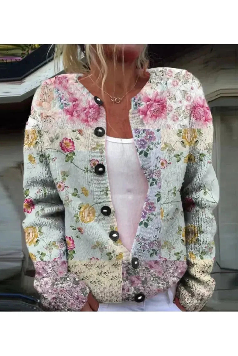 Light pink flower print cardigan by Lumina Vancouver, featuring a soft knit fabric and floral pattern, size S.