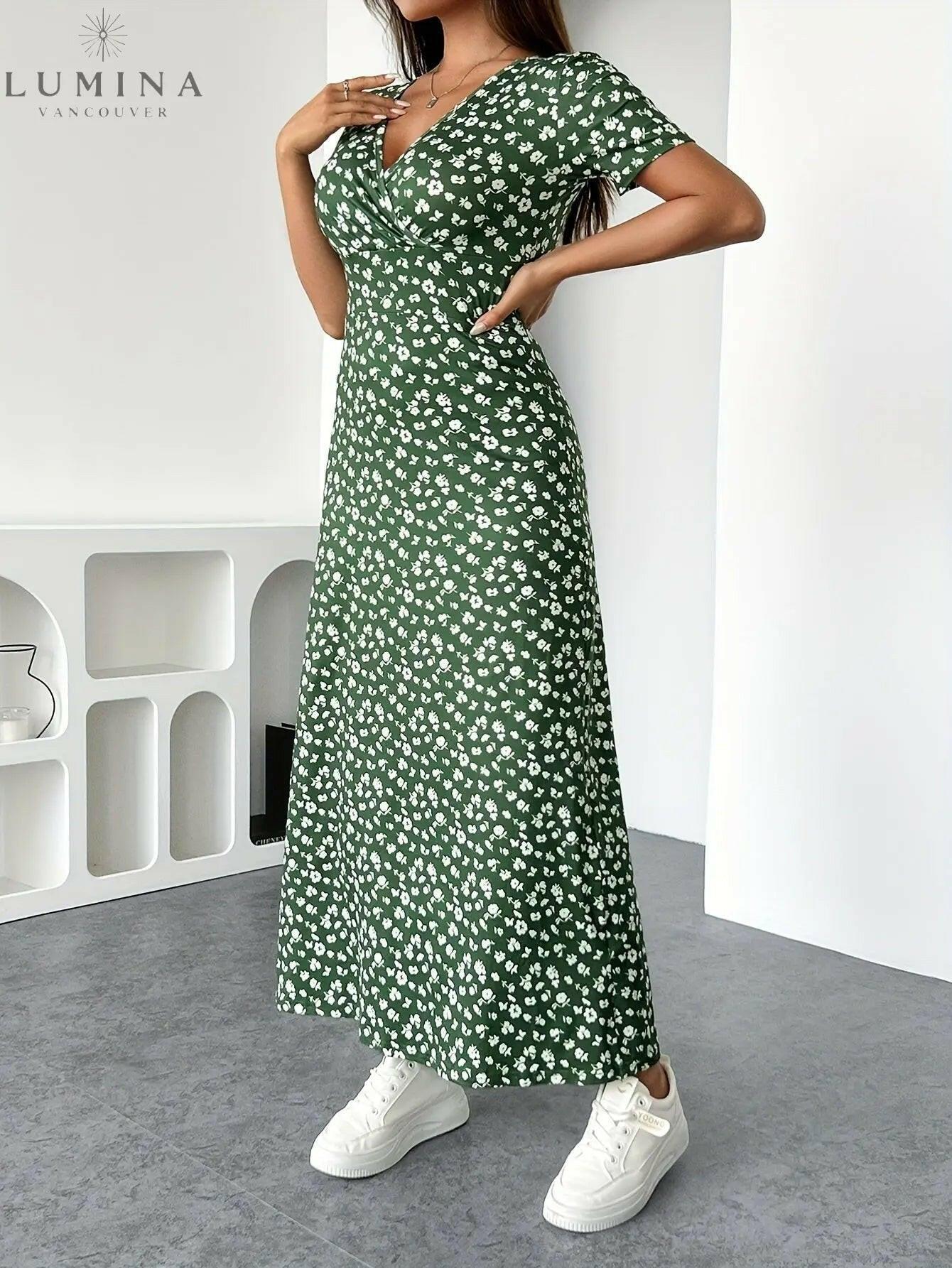 Green floral knit dress named Lucia by Lumina Vancouver, showcasing an elegant, fitted design with intricate floral patterns.