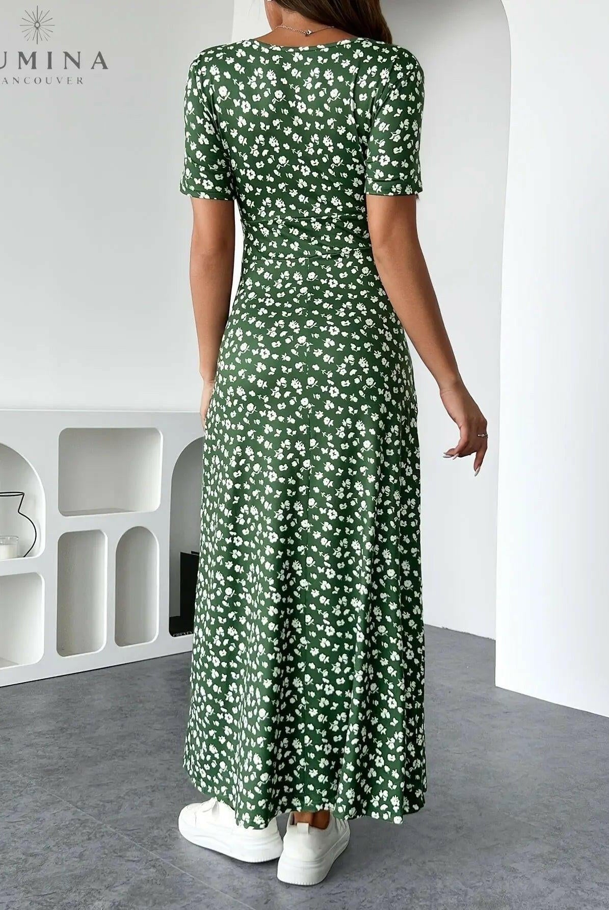 Green Lucia floral knit dress by Lumina Vancouver, showing a fitted design with floral patterns and elegant style.
