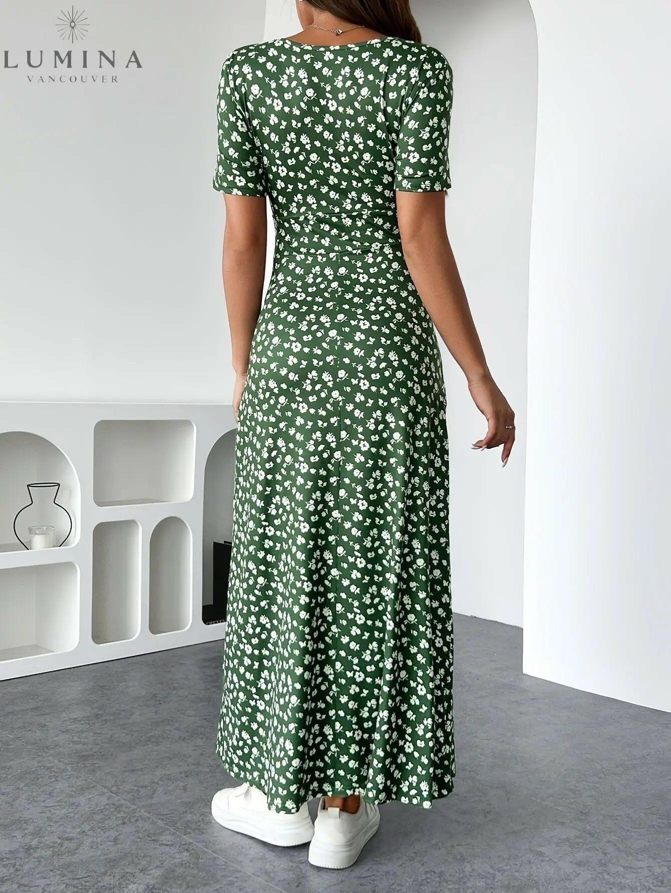 Green Lucia floral knit dress by Lumina Vancouver, showing a fitted design with floral patterns and elegant style.