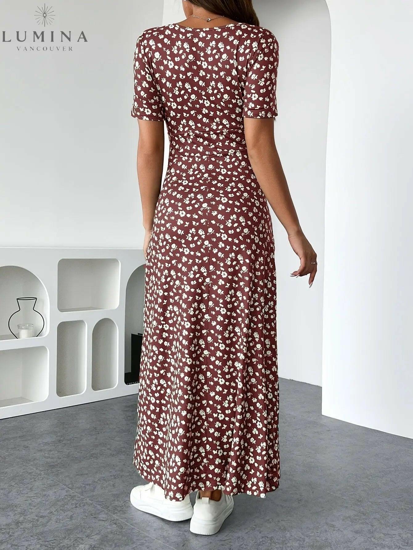 Green floral knit dress named Lucia by Lumina Vancouver, showing the elegant design and detailed floral pattern.