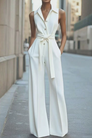 Orange sleeveless jumpsuit by Lumina Vancouver, model Lucienne, featuring a fitted bodice and wide-leg pants.