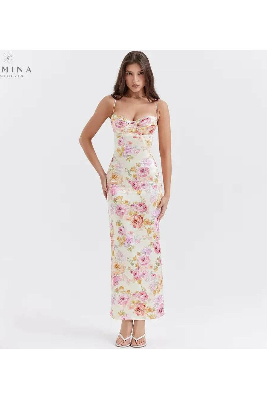 Lucy floral satin maxi dress by Lumina Wear, XS size, featuring a flowing floral pattern and elegant satin fabric.