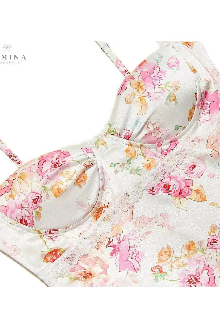 Lucy floral satin maxi dress by Lumina Wear, featuring a flowy design and floral pattern, shown in size XS.