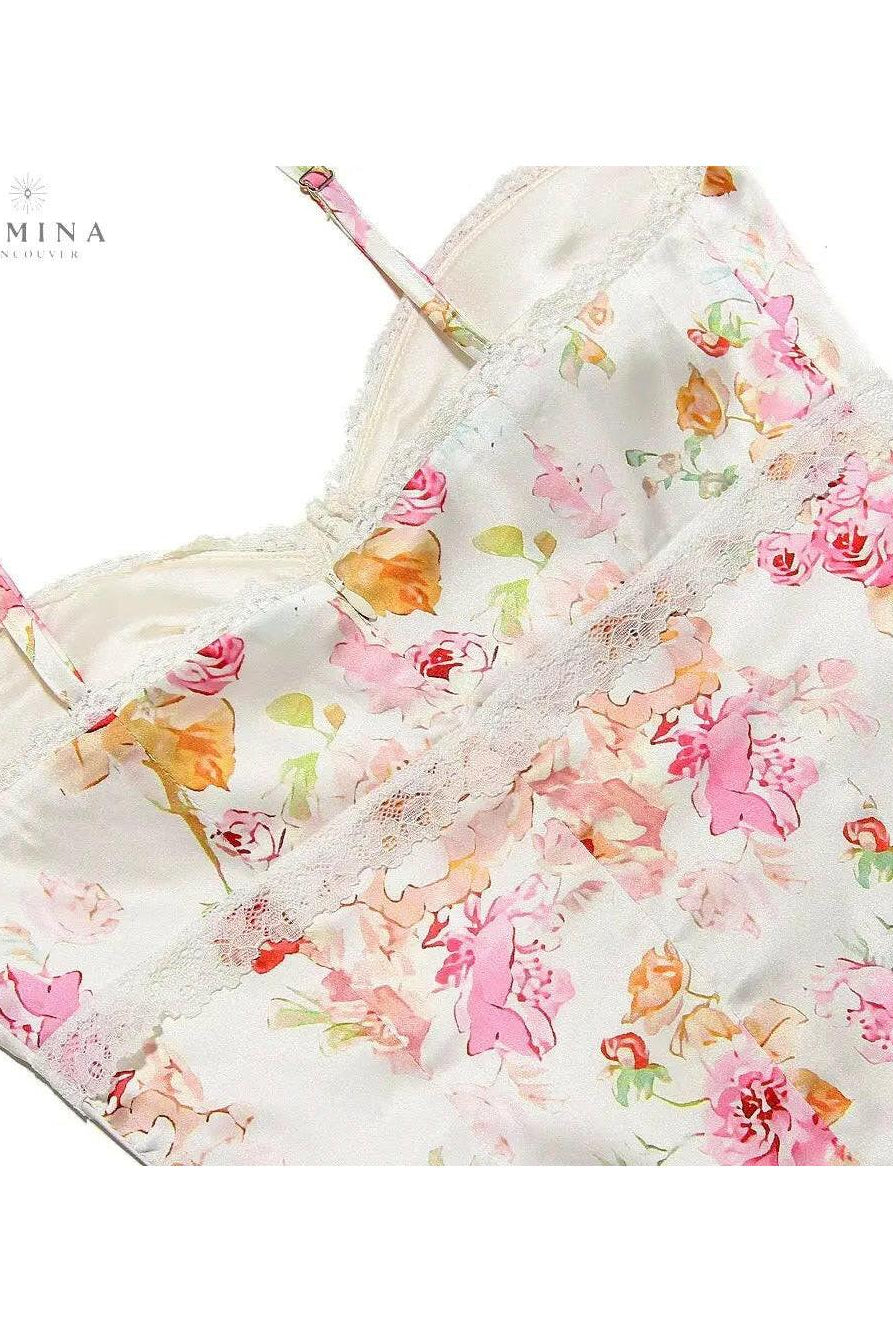 Lucy floral satin maxi dress by Lumina Wear, lightweight and elegant with a flowing design and vibrant floral pattern.