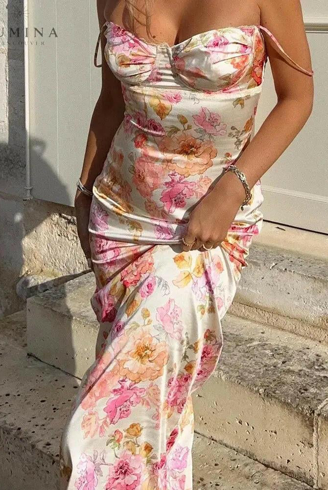 Lucy floral satin maxi dress by Lumina Wear featuring a flowy design and elegant floral pattern, perfect for special occasions.