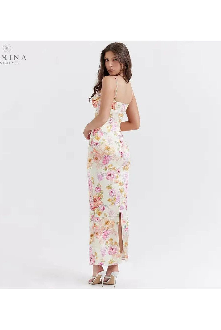Lucy floral satin maxi dress by Lumina Wear, showcasing elegant floral pattern and flowing satin fabric, XS size.