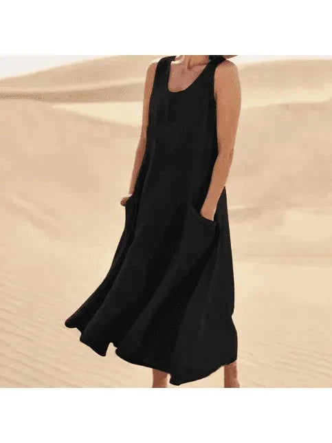 Lumina Vancouver LULU™ elegant khaki dress with pockets, stylish and comfortable for casual or dressy occasions.