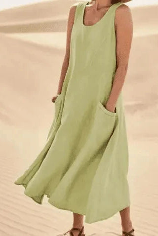 Khaki Lumina Wear LULU elegant dress with pockets, stylish and comfortable for casual or semi-formal occasions.
