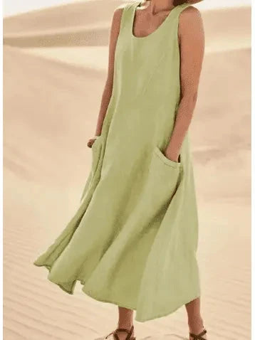 Khaki LULU™ elegant dress with pockets by Lumina Vancouver, featuring a stylish and comfortable design for versatile wear.