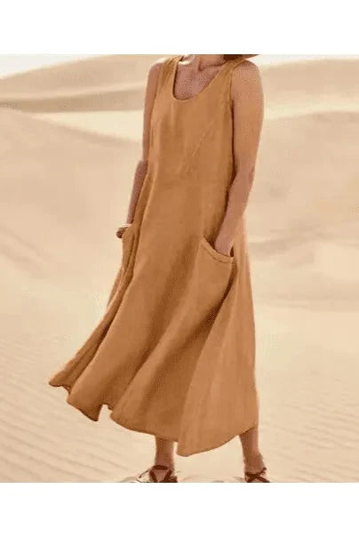 Lumina Wear LULU elegant khaki dress with pockets, stylish and comfortable for casual or dressy occasions.