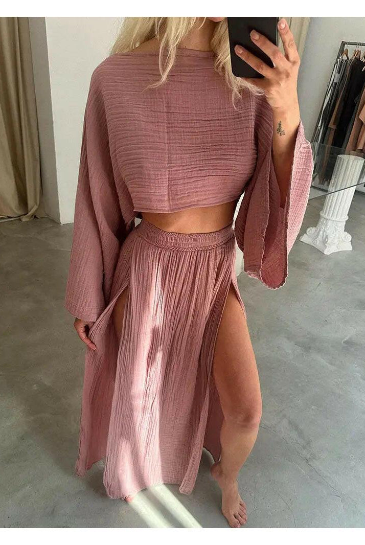 Green Laure Two-Piece Set by Lumina Wear featuring a fitted top and matching pants, styled for casual or chic occasions.