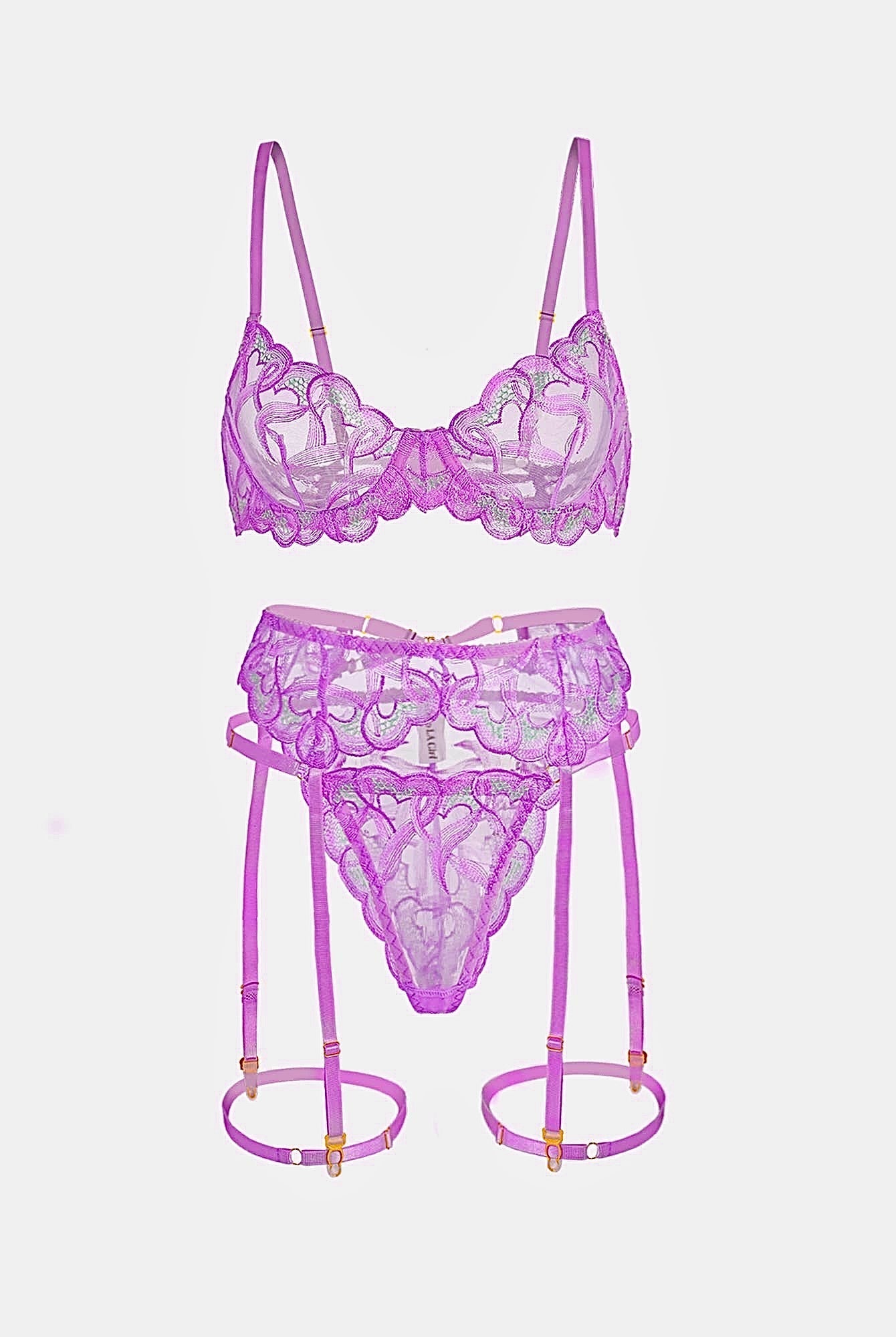 Purple embroidery lingerie set by Lumina Wear featuring a bra, panties, and matching garter belt with intricate lace details.