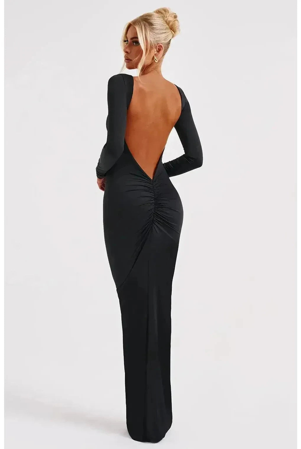 Lumina Wear Evanna boat-neck backless maxi dress in soft fabric, featuring a flowing silhouette and elegant design.