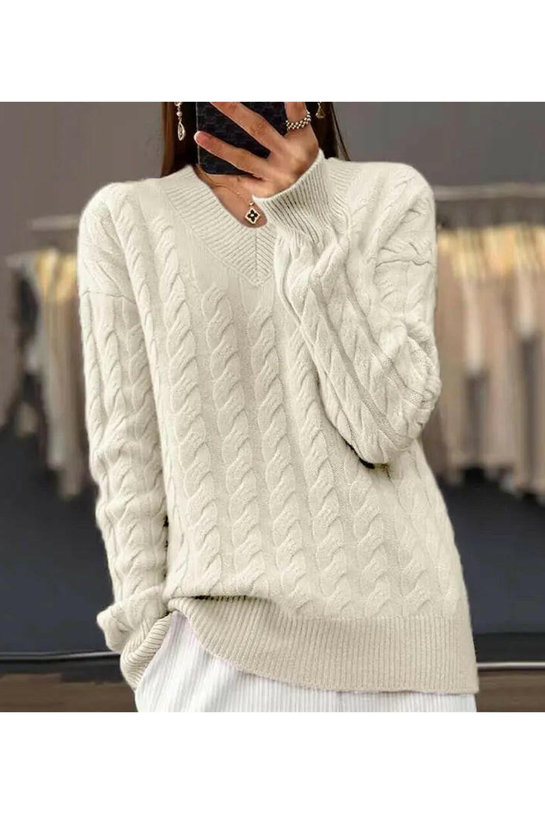 Lumina Wear Rona Cable Knit Sweater in apricot, featuring a cozy, textured knit design for stylish comfort.
