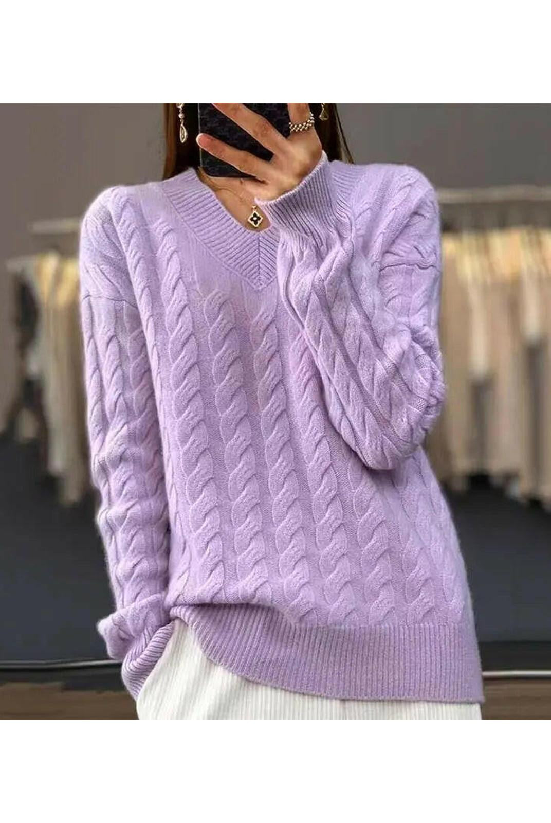 Lumina Wear Rona Cable Knit Sweater in apricot, showing the cozy textured knit and classic fit from a front view.