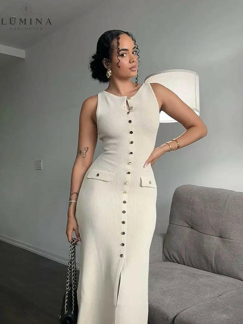 Beige Lumina Vancouver Amaris maxi dress for autumn, flowing fabric with long sleeves and elegant design.