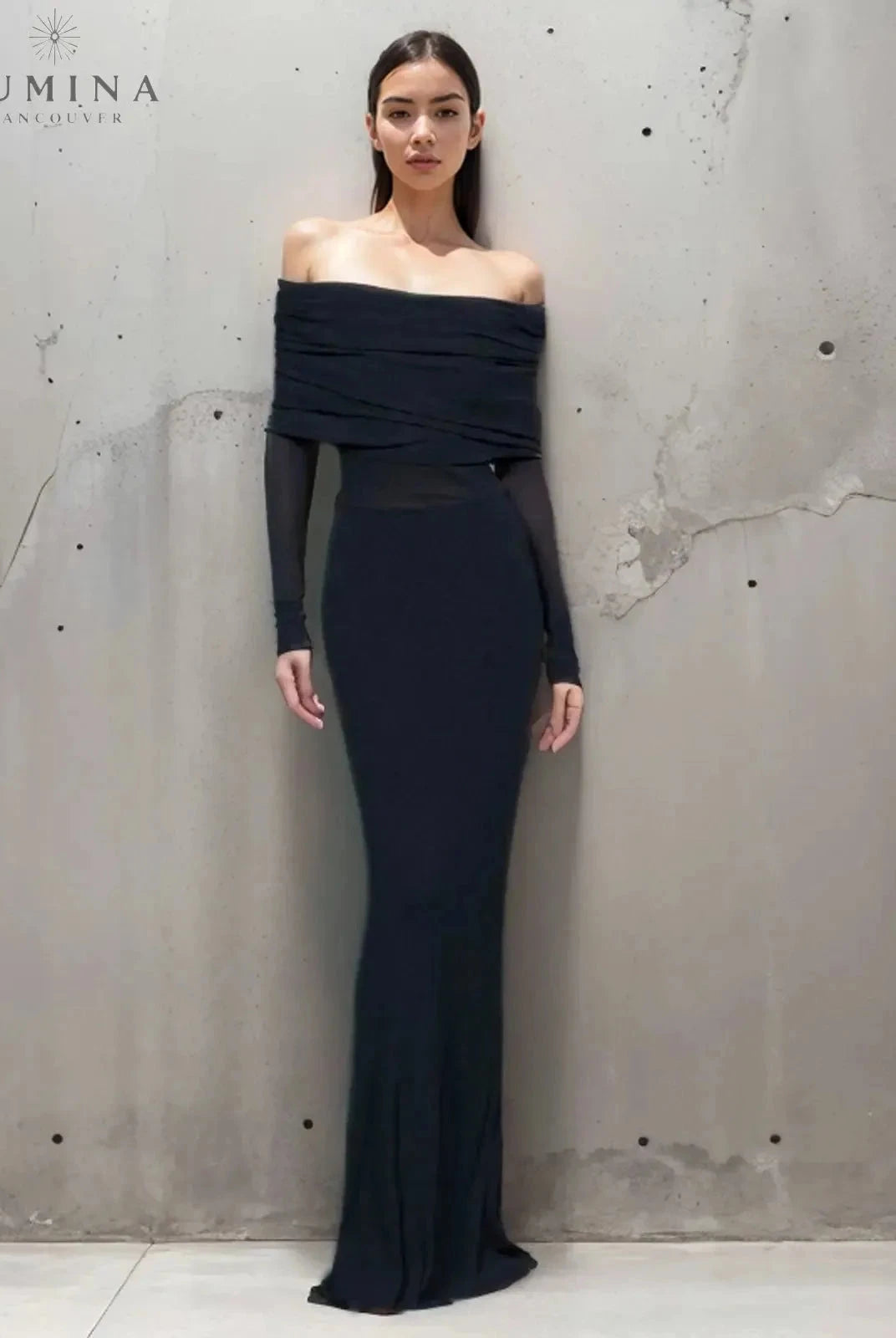 Lumina Wear Abriella off-shoulder overfold mesh maxi dress in black, elegant floor-length evening dress with layered design.