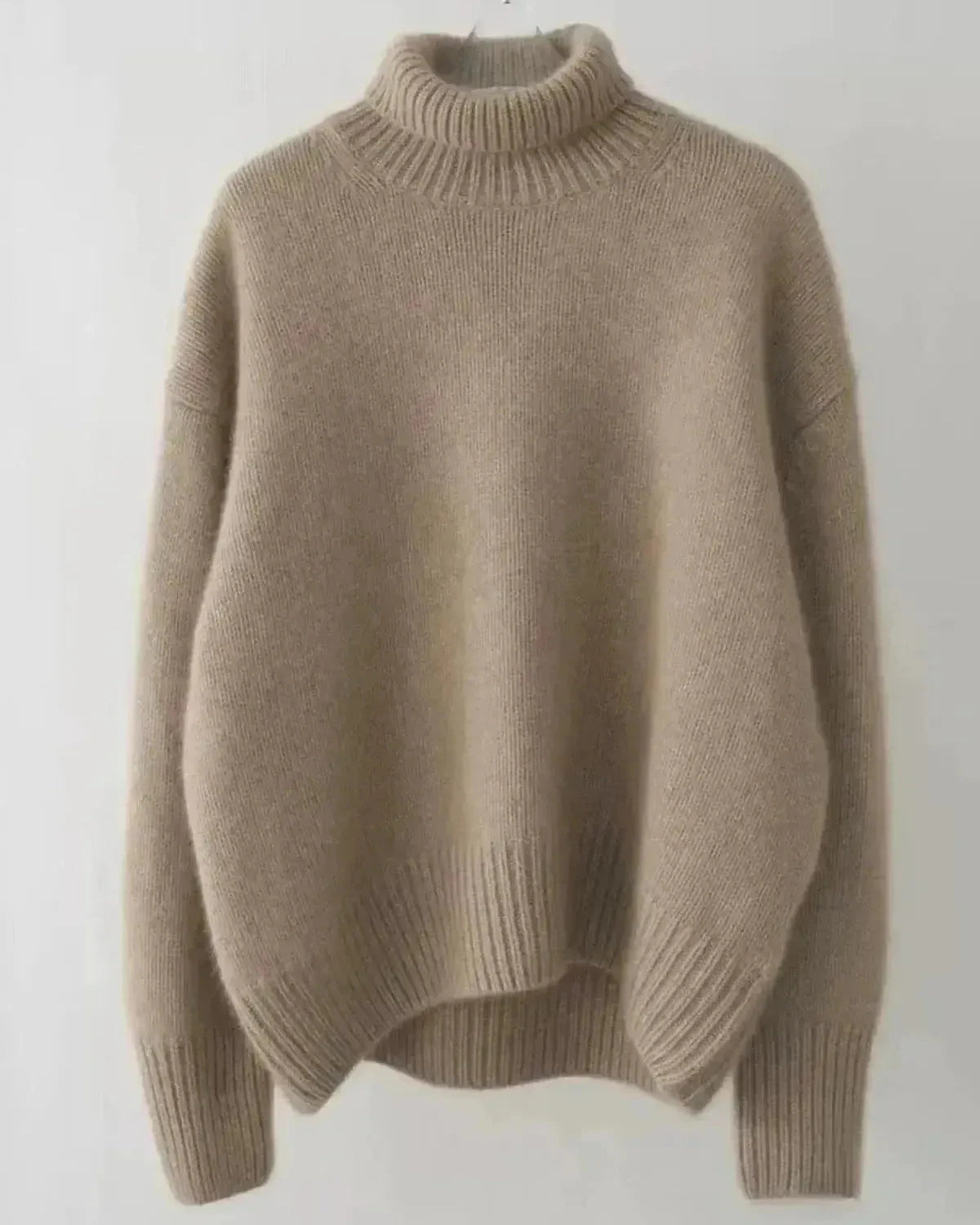 Lumina Wear Lena beige turtleneck sweater, cozy knit sweater with a relaxed fit, displayed on a neutral background.