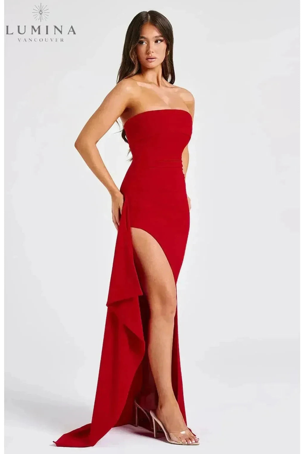 Black Ailiana Radiance Split Dress by Lumina Wear, featuring elegant design and stylish split details, shown on a model.