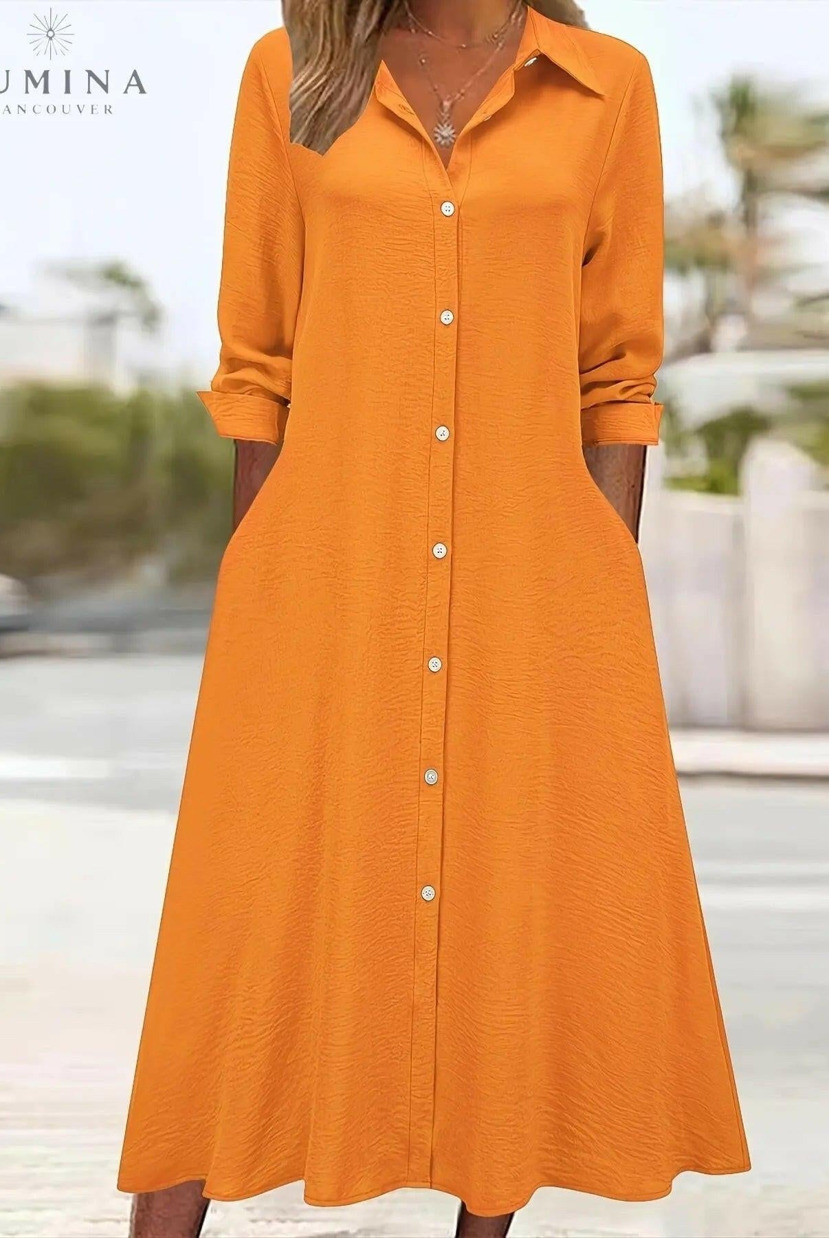 Black Charlotte button front shirt dress by Lumina Vancouver, shown on a model, featuring a classic collar and waist tie.
