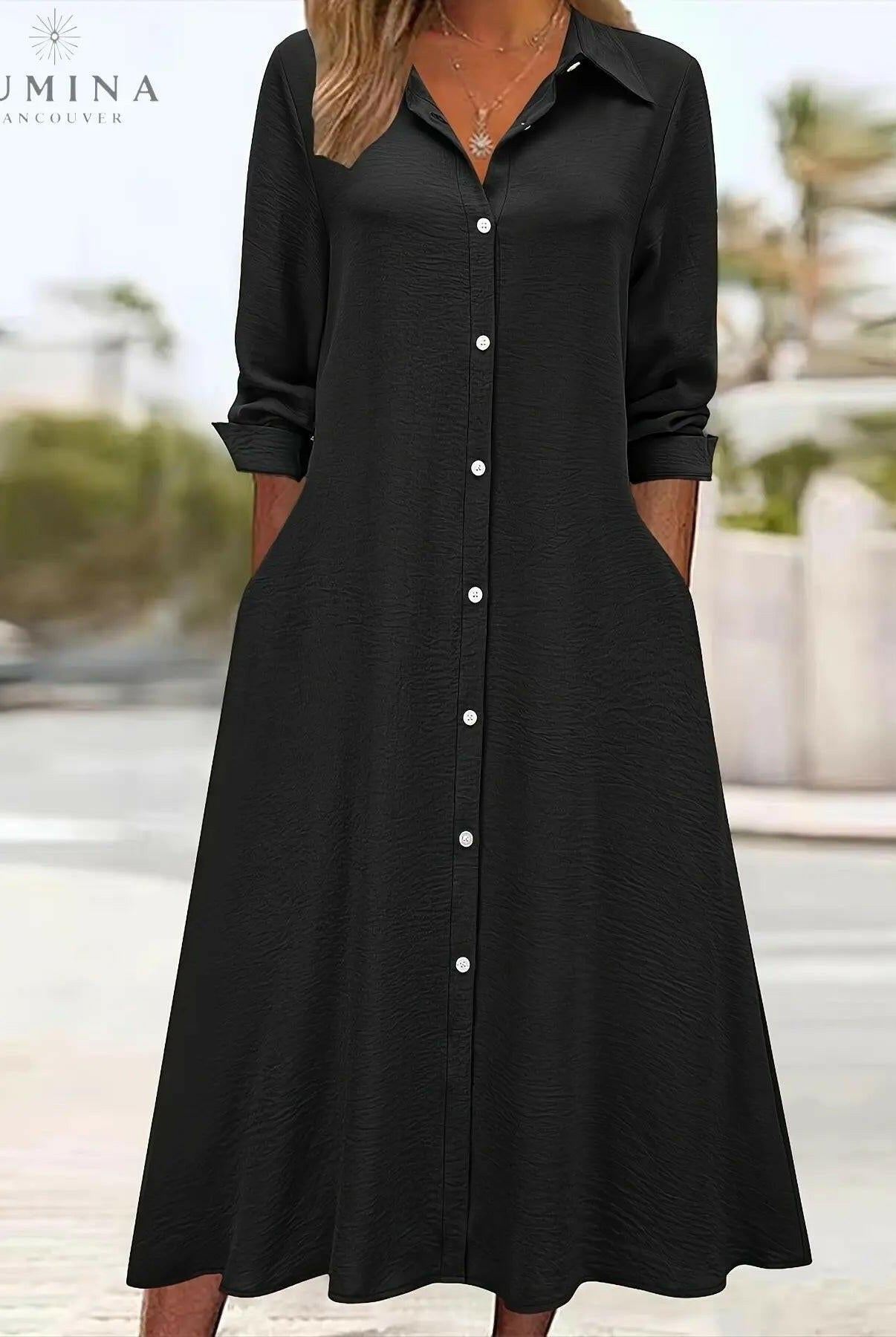 Black Charlotte Button Front Shirt Dress by Lumina Vancouver, front view showing classic collar and button details.