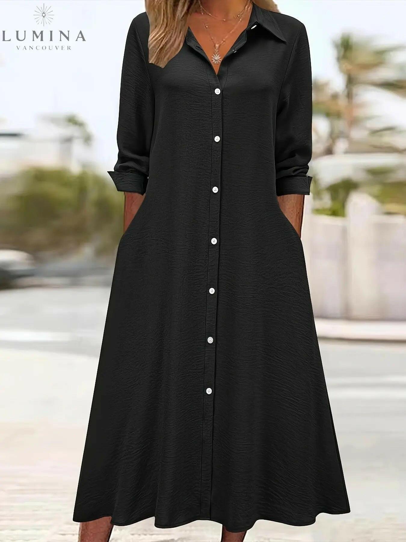 Black Charlotte Button Front Shirt Dress by Lumina Vancouver, front view showing classic collar and button details.