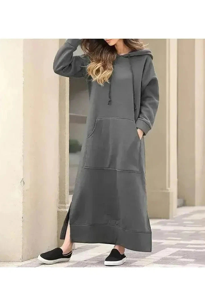 Black Lumina Vancouver Elisa hooded dress with long sleeves and relaxed fit, perfect for casual wear.