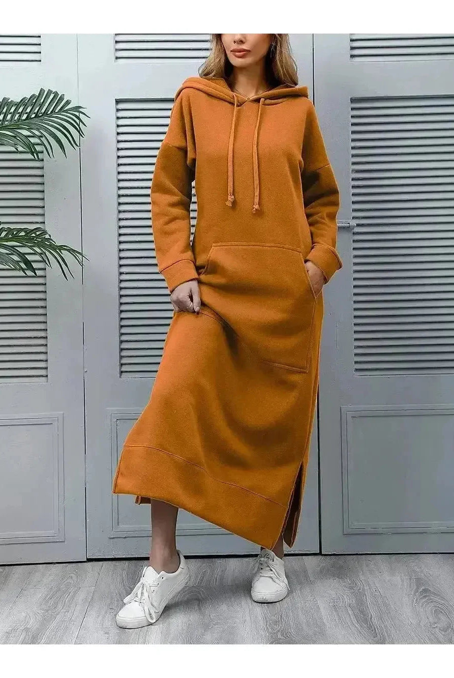 Black Lumina Vancouver Elisa hooded dress featuring a relaxed fit and drawstring hood, casual and comfortable for everyday wear.