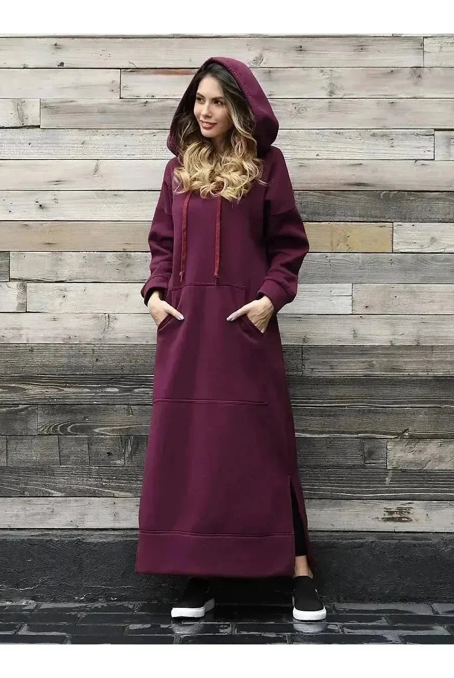 Black Lumina Vancouver Elisa hooded dress with long sleeves and relaxed fit, displayed on a mannequin.