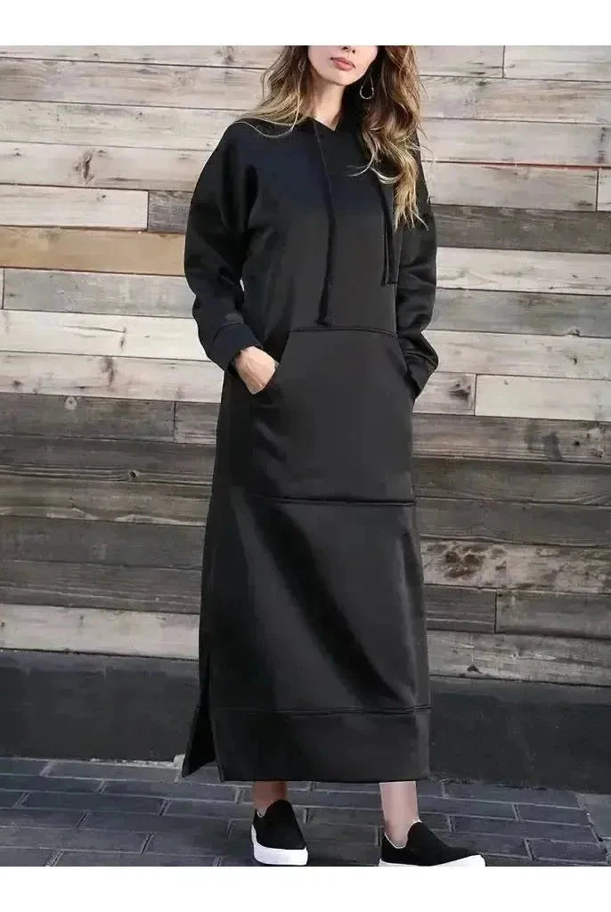 Black Lumina Vancouver Elisa hooded dress with long sleeves and relaxed fit, shown on a model.