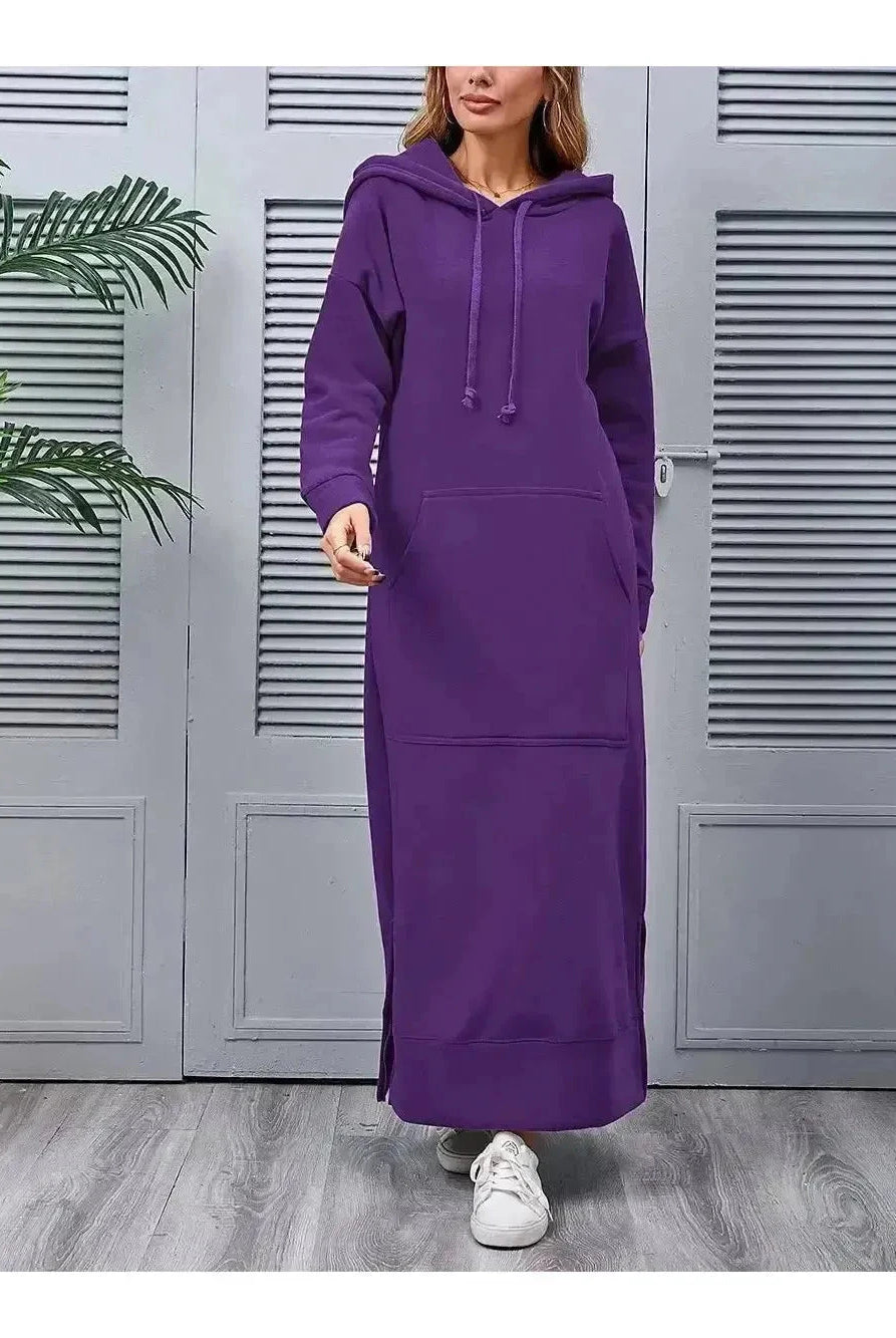 Black Lumina Vancouver Elisa hooded dress featuring a relaxed fit and front pocket detail.