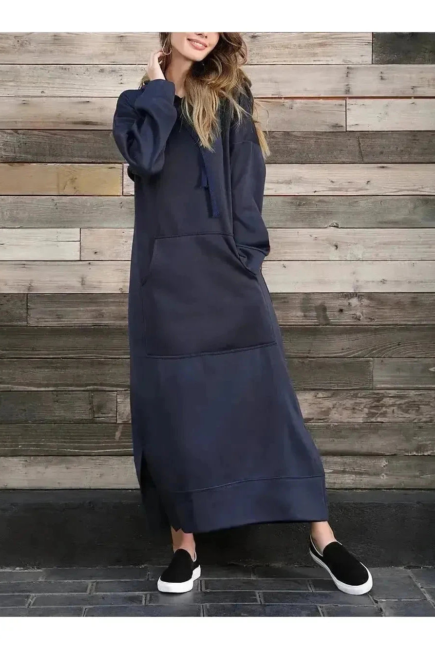 Black Lumina Vancouver Elisa hooded dress featuring a relaxed fit, long sleeves, and a drawstring hood for casual style.