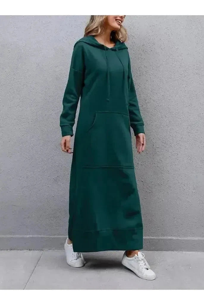 Black Lumina Vancouver Elisa hooded dress featuring a relaxed fit and front pockets, stylish and comfortable for casual wear.
