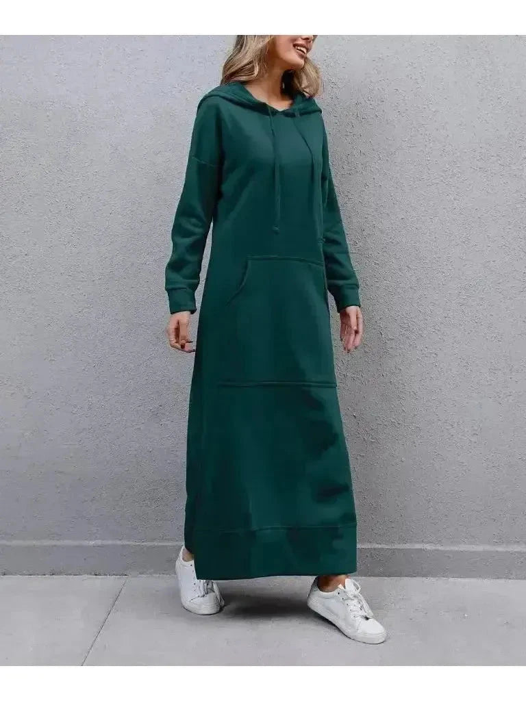 Black Lumina Vancouver Elisa hooded dress featuring a relaxed fit and front pockets, stylish and comfortable for casual wear.